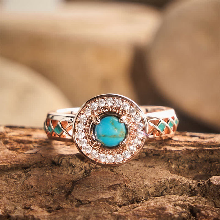 Vintage Round Simulated Turquoise Halo Ring Ethnic Hollow Metal Ring - Rose Gold‑Tone - US 10 - image 0