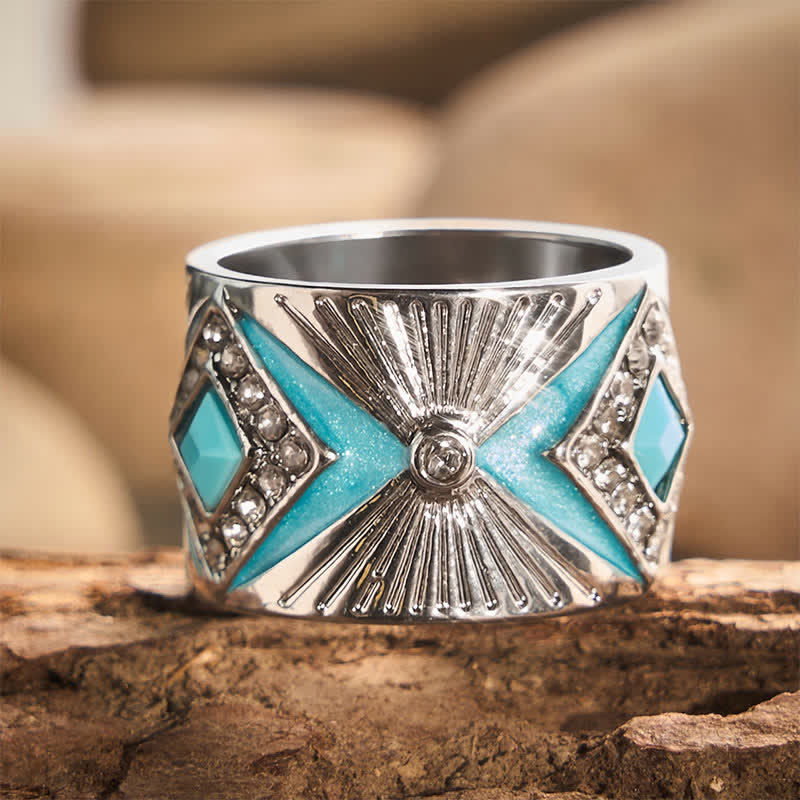 Retro Geometric Imitation Turquoise Wide Band Ring  Women Statement Ring - Silver‑Tone - US 11 - image 0