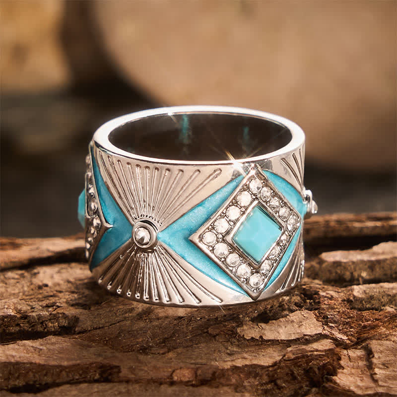 Retro Geometric Imitation Turquoise Wide Band Ring  Women Statement Ring - image 3