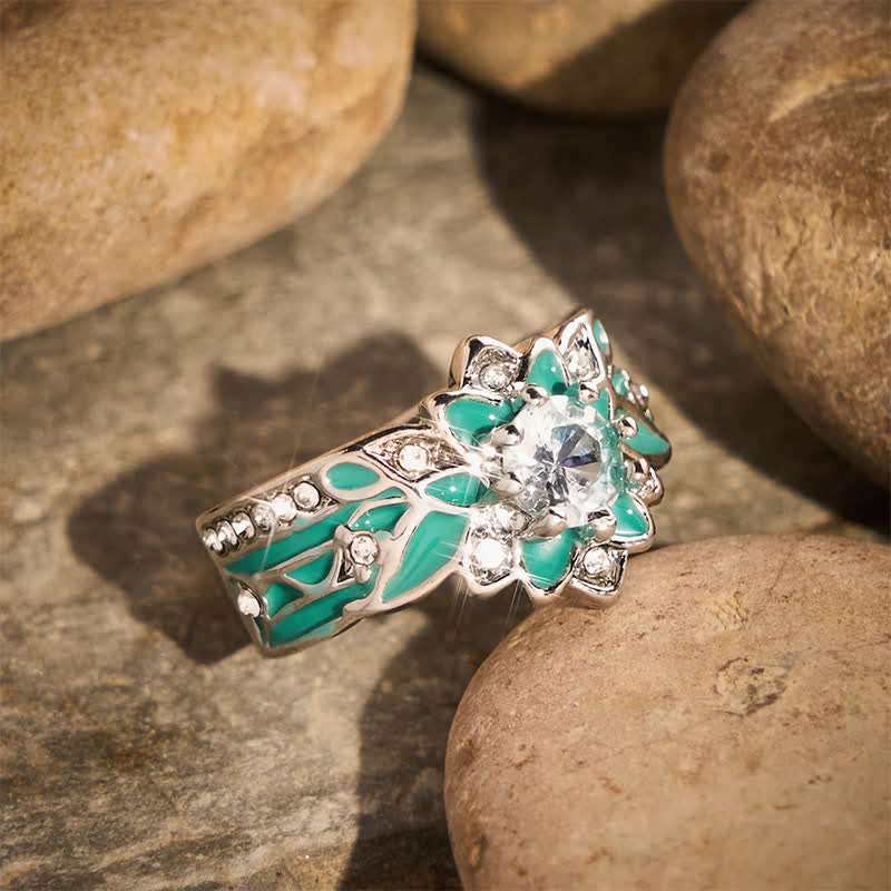 Vintage Flower Shape Enamel Rhinestone Women Ring - image 1