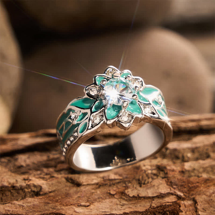 Vintage Flower Shape Enamel Rhinestone Women Ring - image 2