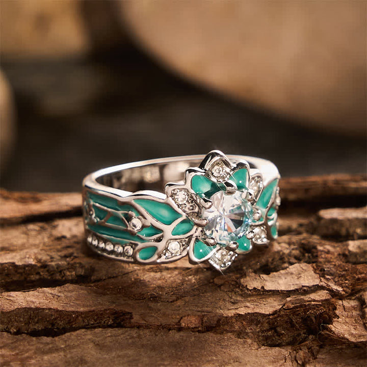 Vintage Flower Shape Enamel Rhinestone Women Ring - image 3