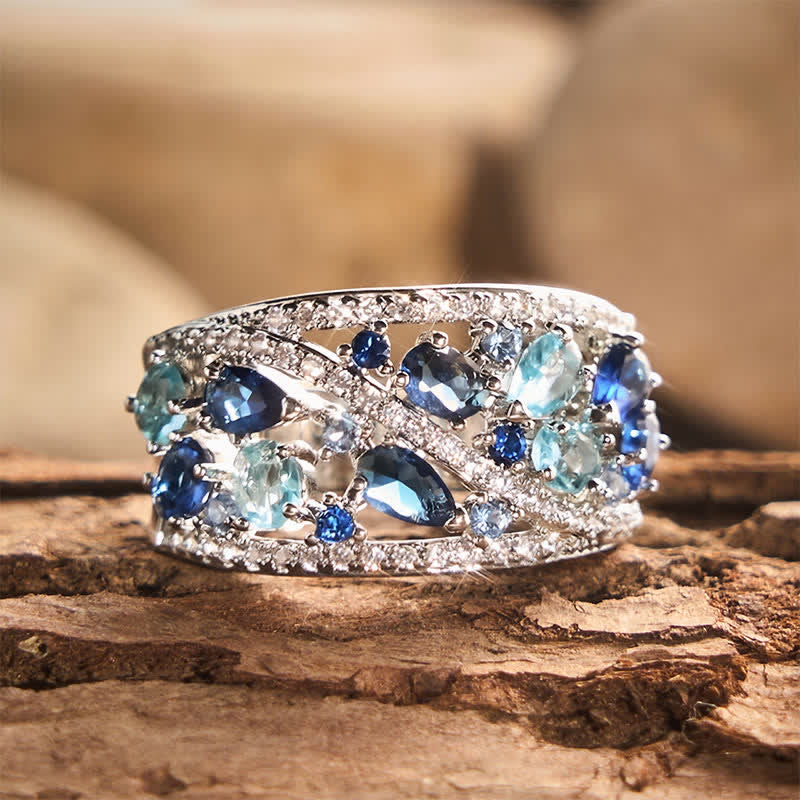 Wide Band Multi‑Stone Pave Zircon Women Ring - Ocean Blue - US 10 - image 0