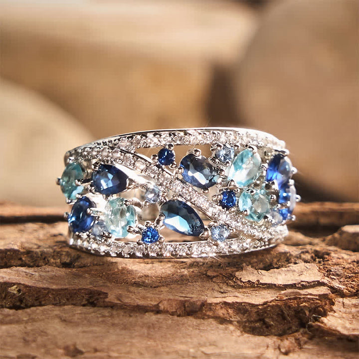 Wide Band Multi‑Stone Pave Zircon Women Ring - Ocean Blue - US 10 - image 0