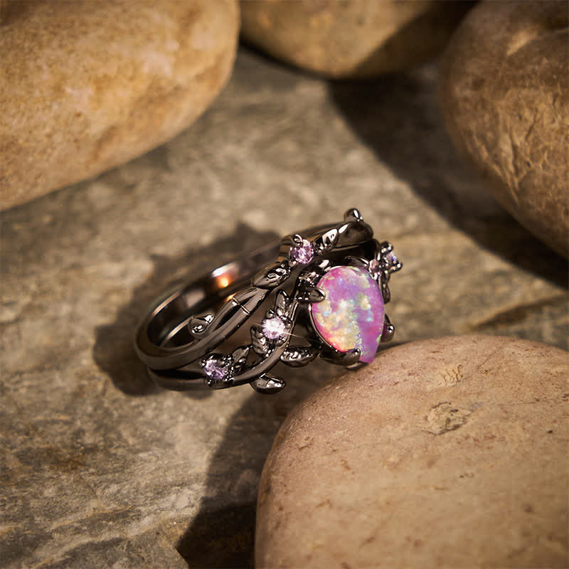 Black‑Gold Branch Teardrop Opal Statement Ring - image 1