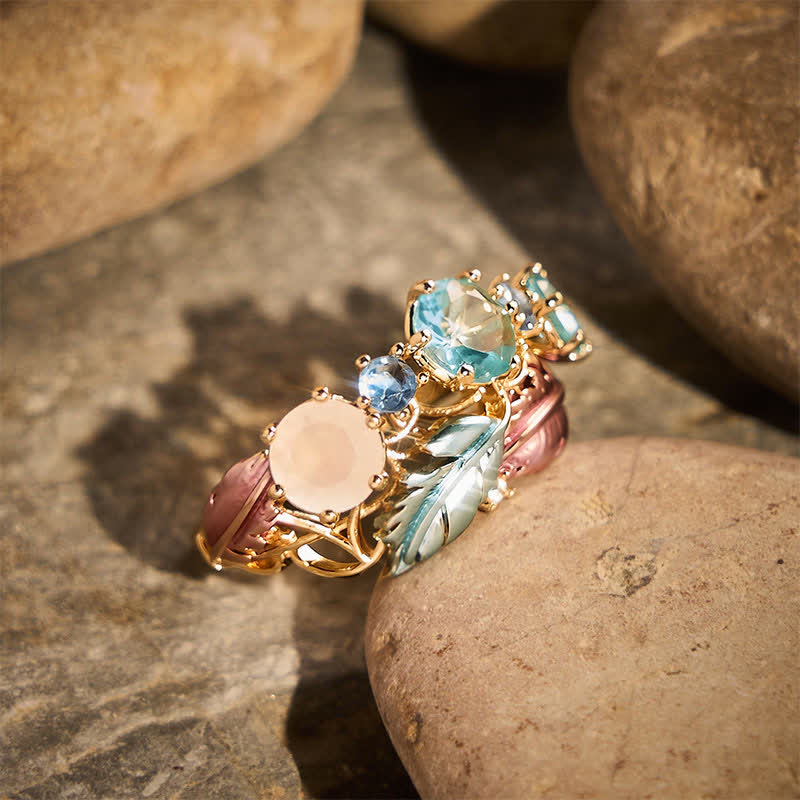 Enamel Feather Inlaid Crystal Statement Women Ring - image 1