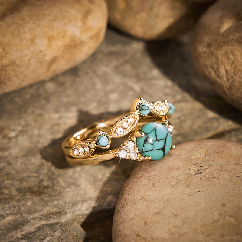 Retro Bohemia Ethnic Style Gold‑Tone Faux Turquoise Stackable Statement Ring - image 1