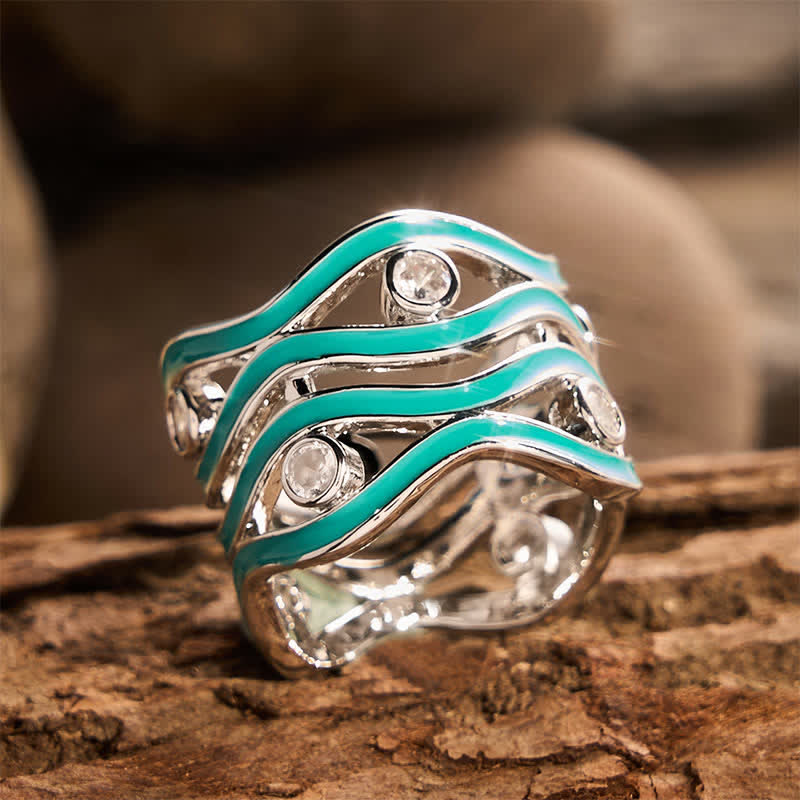 Layered Wave Enamel Stone Women Statement Ring - image 2
