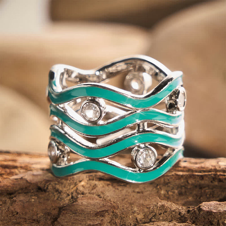 Layered Wave Enamel Stone Women Statement Ring - Silver‑Tone - US 10 - image 0