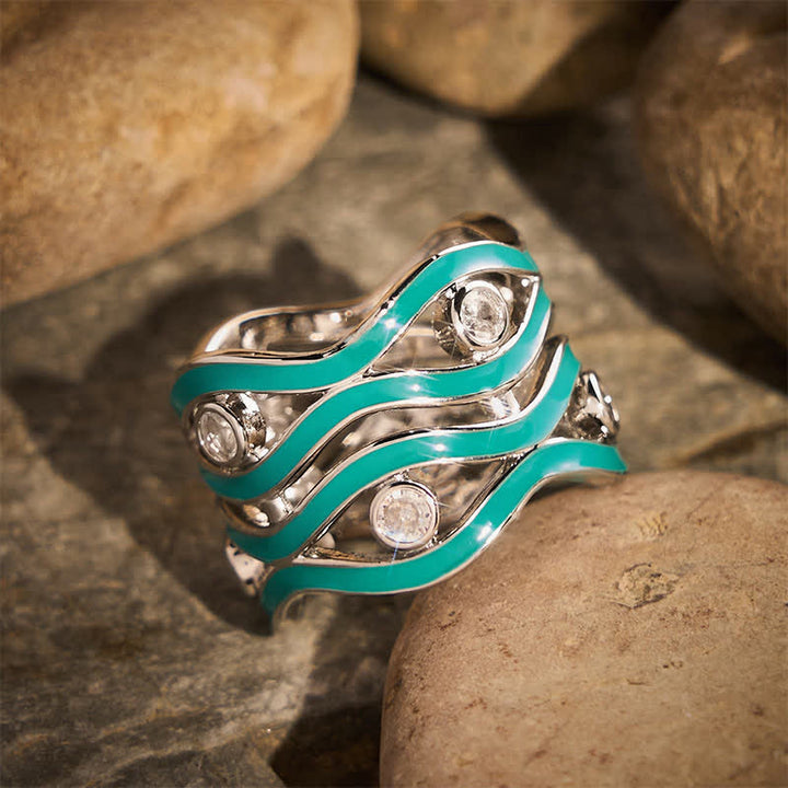 Layered Wave Enamel Stone Women Statement Ring - image 1