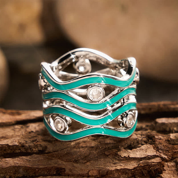 Layered Wave Enamel Stone Women Statement Ring - image 3