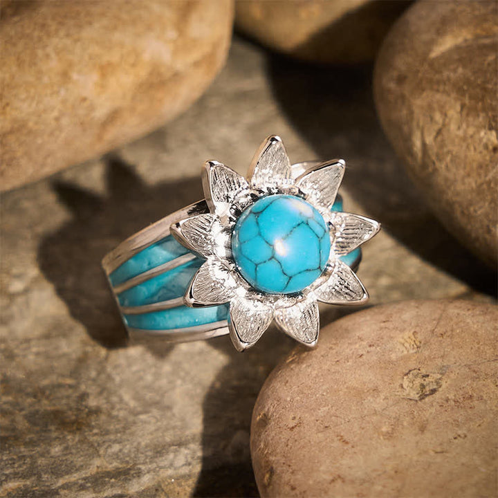Boho Ethnic Style Sun Shape Faux Turquoise Inlaid Silver Women Ring - image 1