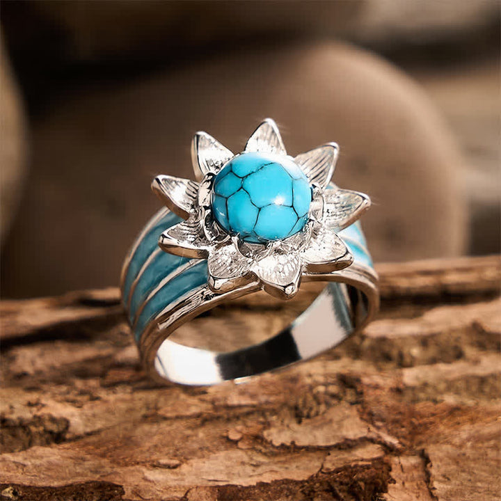 Boho Ethnic Style Sun Shape Faux Turquoise Inlaid Silver Women Ring - image 2