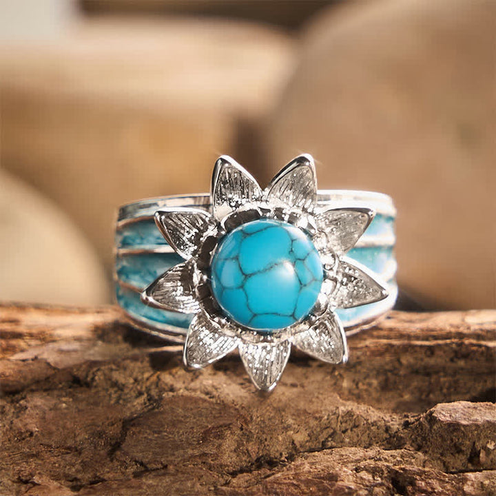 Boho Ethnic Style Sun Shape Faux Turquoise Inlaid Silver Women Ring - Silver - US 10 - image 0
