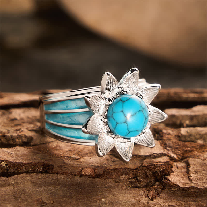 Boho Ethnic Style Sun Shape Faux Turquoise Inlaid Silver Women Ring - image 3