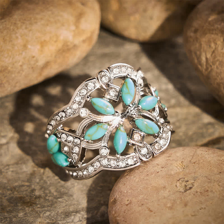 Ethnic style Retro Hollow Wide Band Simulated Turquoise & Crystal Ring - image 1