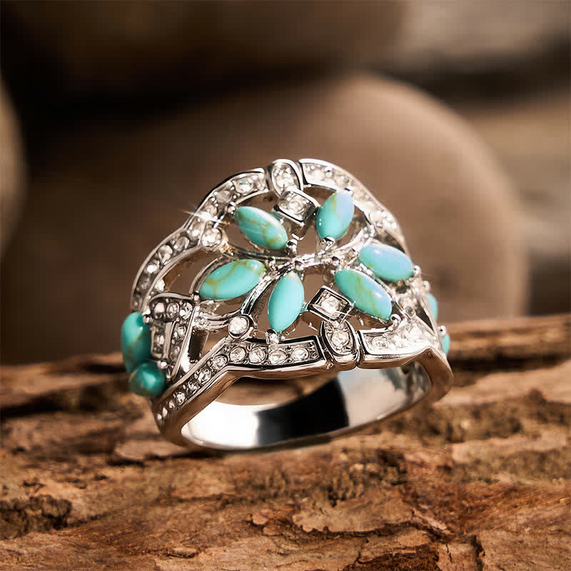 Ethnic style Retro Hollow Wide Band Simulated Turquoise & Crystal Ring - Silver‑Tone - US 9 - image 0