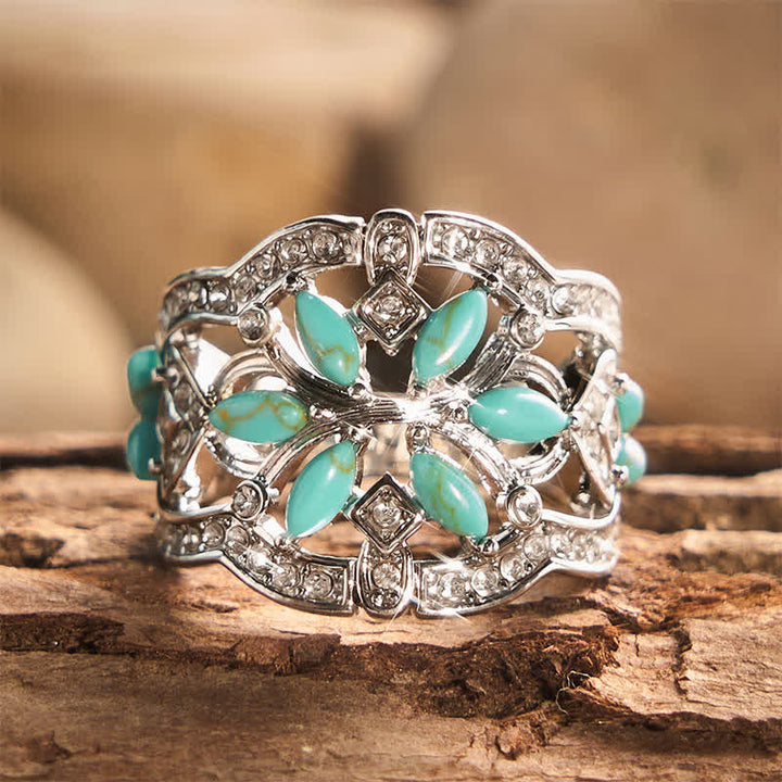 Ethnic style Retro Hollow Wide Band Simulated Turquoise & Crystal Ring - image 2