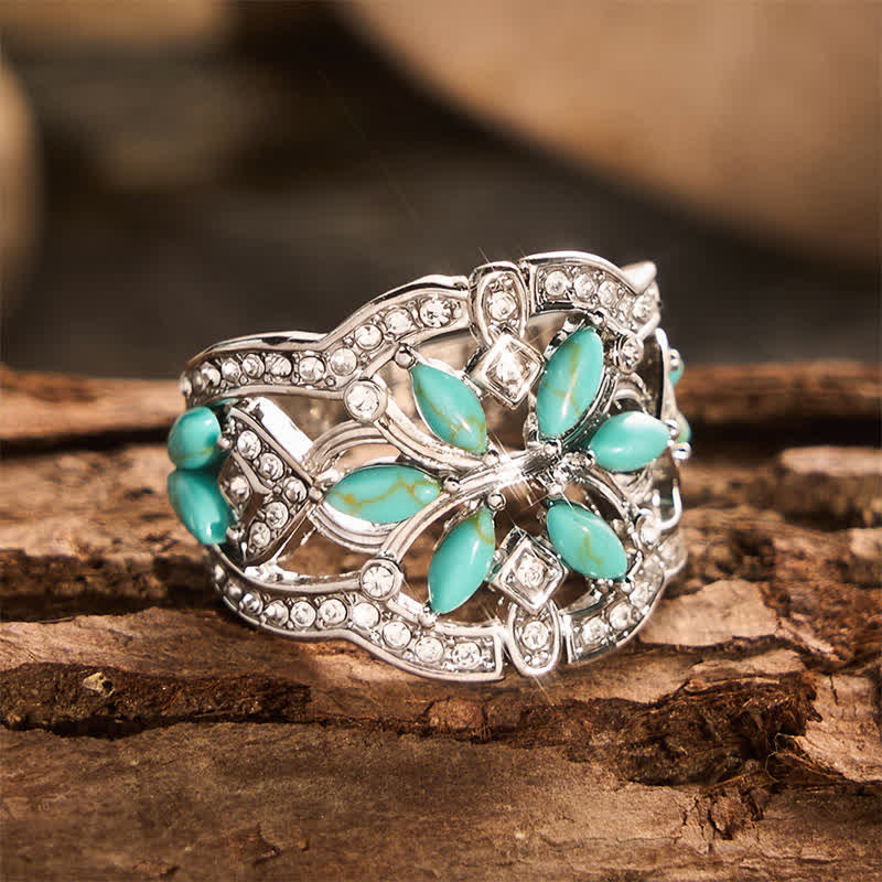Ethnic style Retro Hollow Wide Band Simulated Turquoise & Crystal Ring - image 3