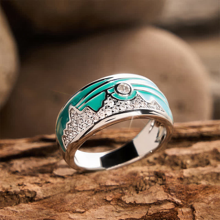 Vintage Mountain Sun Pattern Enamel Cubic Zirconia Silver Wide Band Ring - image 2