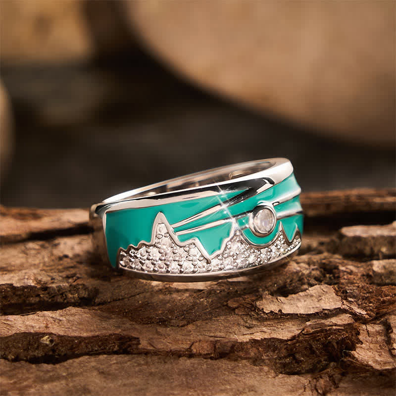 Vintage Mountain Sun Pattern Enamel Cubic Zirconia Silver Wide Band Ring - image 4