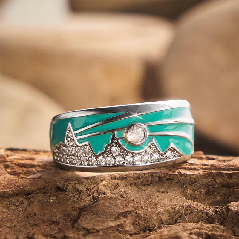 Vintage Mountain Sun Pattern Enamel Cubic Zirconia Silver Wide Band Ring - Silver - US 10 - image 0