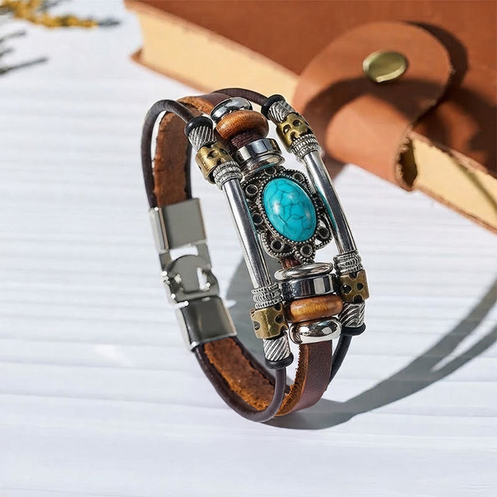 Handmade Braided Boho Turquoise Charm Leather Bracelet - Style#1 - image 0