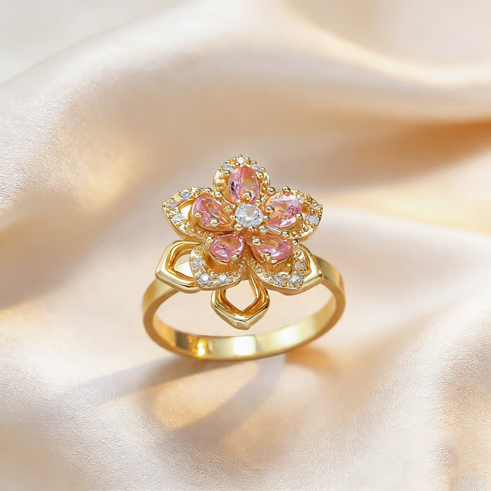 Rotating Sakura Flower Zircon Anti Anxiety Fidget Ring - Pink & Gold - image 1