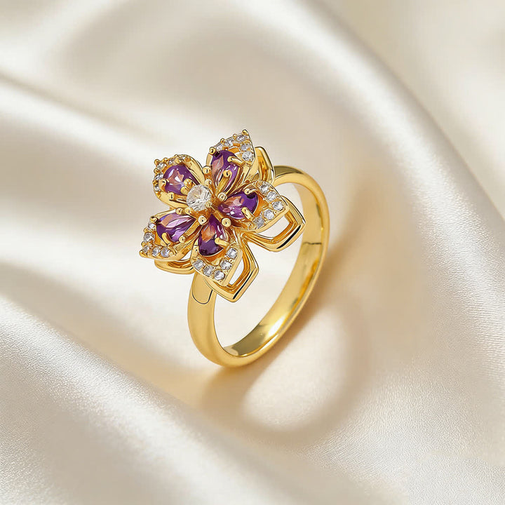 Rotating Sakura Flower Zircon Anti Anxiety Fidget Ring - Purple & Gold - image 5