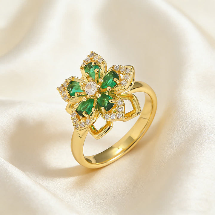 Rotating Sakura Flower Zircon Anti Anxiety Fidget Ring - Green & Gold - image 6