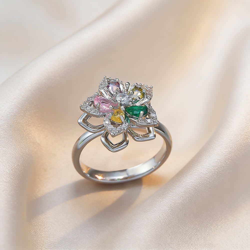 Rotating Sakura Flower Zircon Anti Anxiety Fidget Ring - Multi-Color & Silver - image 12