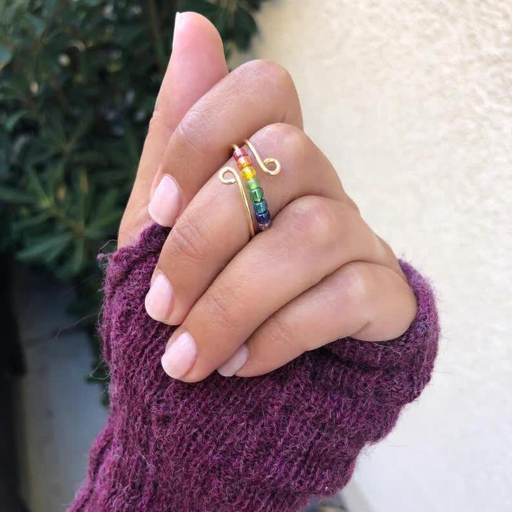Aesthetic Decompression Rainbow Beads Colorful Anxiety Ring - Gold - 925 Silver - image 0
