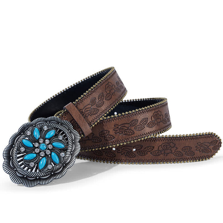 Turquoise Flower Concho Buckle Embossed Brown Leather Belt - image 1