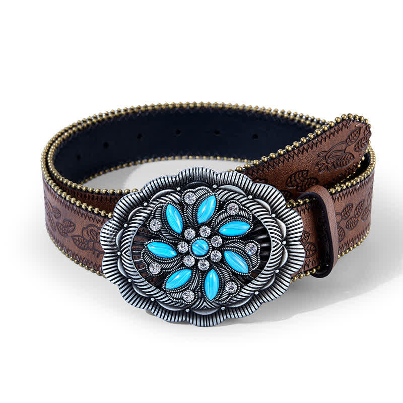 Turquoise Flower Concho Buckle Embossed Brown Leather Belt - Coffee - 40 - image 0