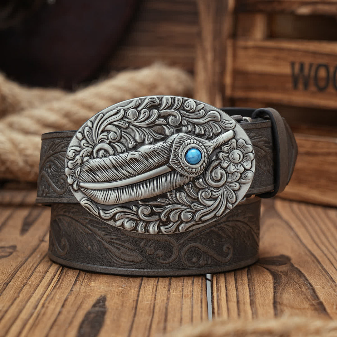 Feather Medallion Buckle Leather Belt With Turquoise Accent - Gray - 38 - image 0