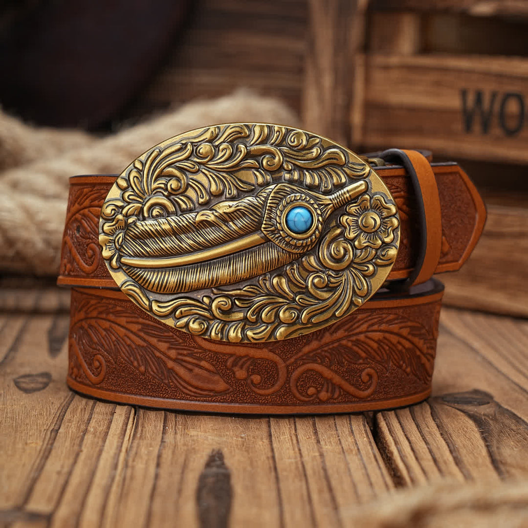 Feather Medallion Buckle Leather Belt With Turquoise Accent - Orange - 38 - image 2