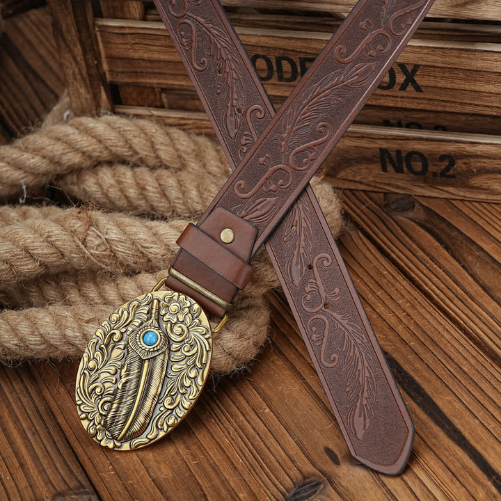 Feather Medallion Buckle Leather Belt With Turquoise Accent - image 7
