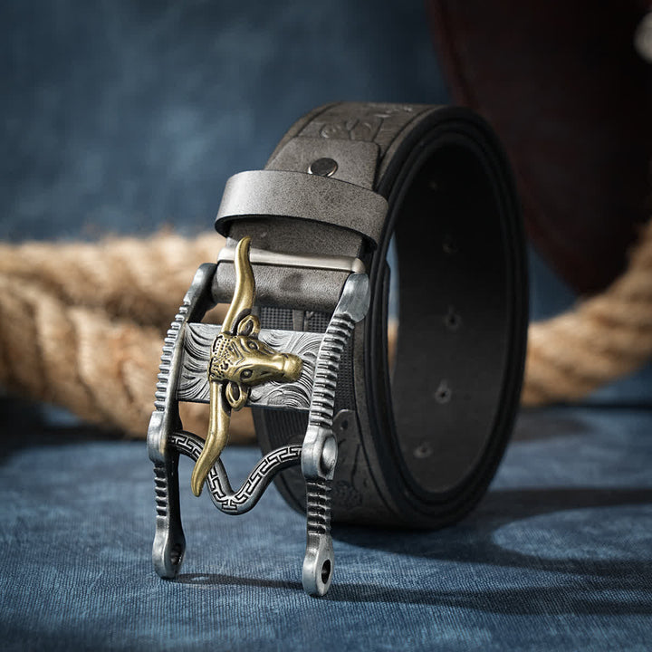 Rodeo Longhorn Steer Bull Head Hollow Buckle Leather Belt - Gray - 38 - image 2