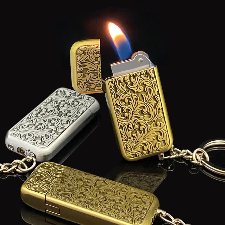 Retro Baroque Carved Flower Flip-Top Butane Lighter Keychain - image 0