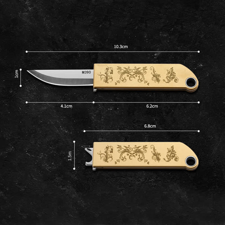 Compact Sleek Gold-Patterned Folding Brass Knife Keychain - image 5