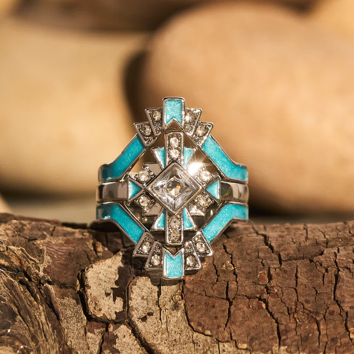 Vintage Geometric Pattern Statement Ring Ethnic Inlaid Crystal Metal Ring for Party Gift - Silver - US 10 - image 0