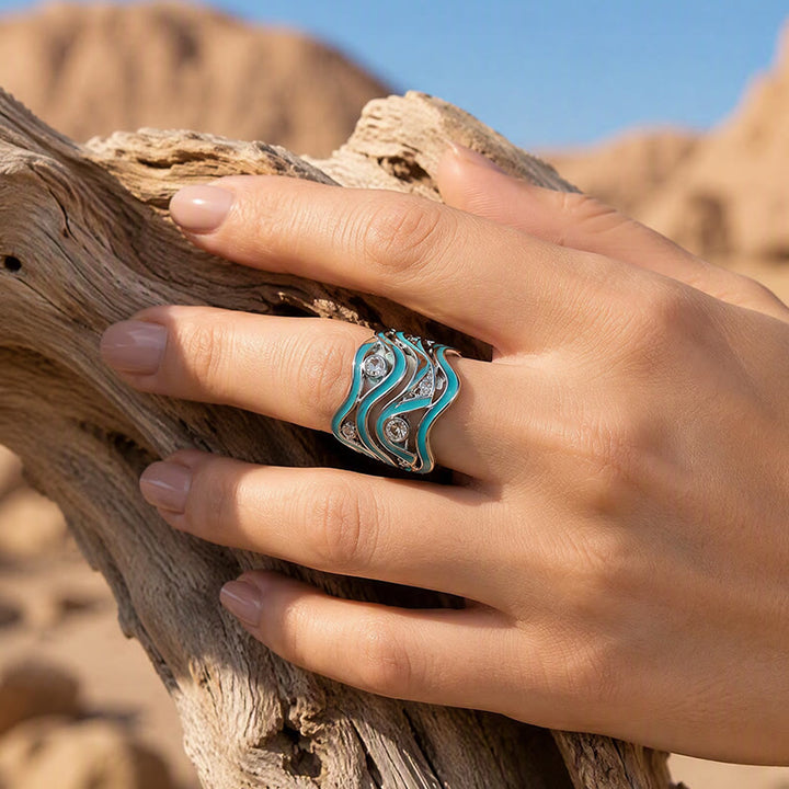 Layered Wave Enamel Stone Women Statement Ring - image 1
