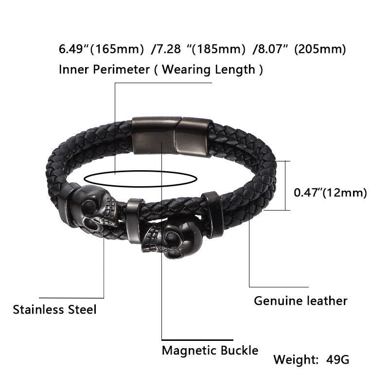 Gothic Double Skull Head Braided Genuine Leather Bracelet - image 4