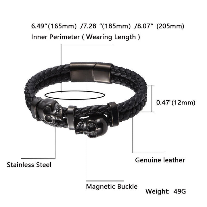 Gothic Double Skull Head Braided Genuine Leather Bracelet - image 4