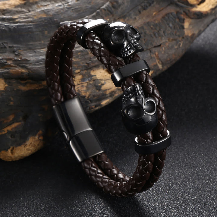 Gothic Double Skull Head Braided Genuine Leather Bracelet - Brown - 8.07" / 20.5cm - image 8