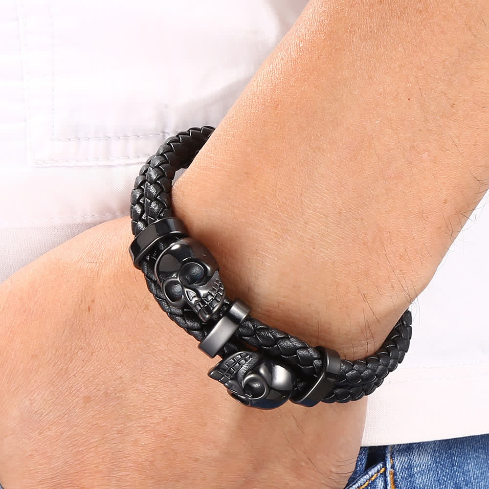 Gothic Double Skull Head Braided Genuine Leather Bracelet - image 1