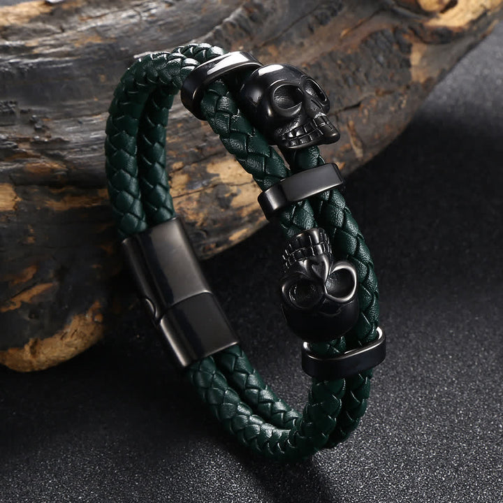 Gothic Double Skull Head Braided Genuine Leather Bracelet - Green - 8.07" / 20.5cm - image 7