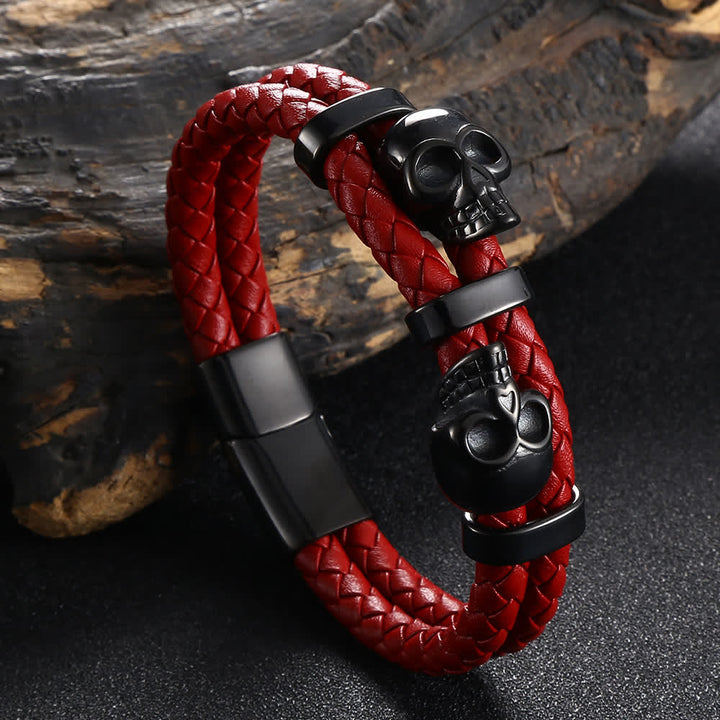 Gothic Double Skull Head Braided Genuine Leather Bracelet - Red - 8.07" / 20.5cm - image 5