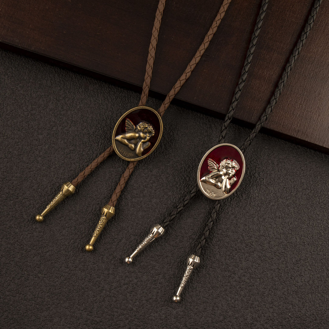 Vintage Cupid Angel Enamel Western Leather Cord Bolo Tie - image 0