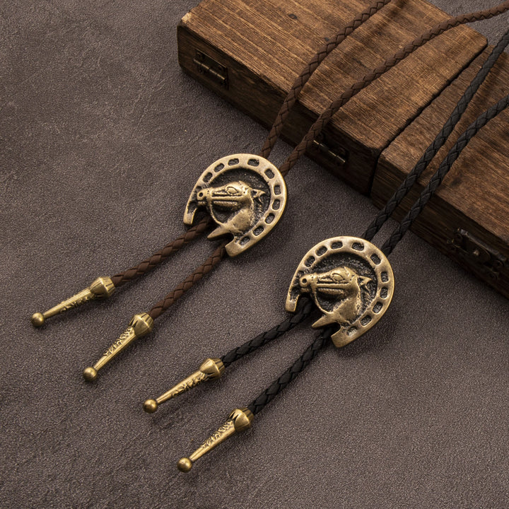 Vintage Western Bolo Tie Leather Horsehead Necklace - image 0